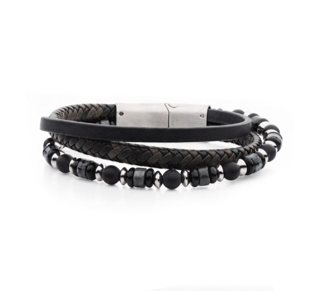 Black and Grey Leather with Black Onyx Multi-Strand Bracelet