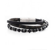 Black and Grey Leather with Black Onyx Multi-Strand Bracelet
