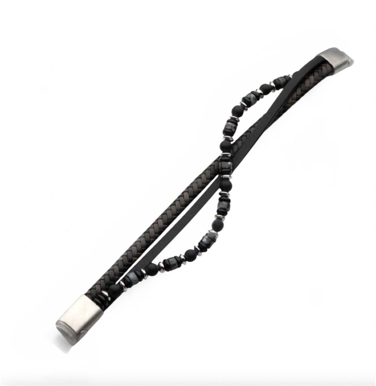 Black and Grey Leather with Black Onyx Multi-Strand Bracelet