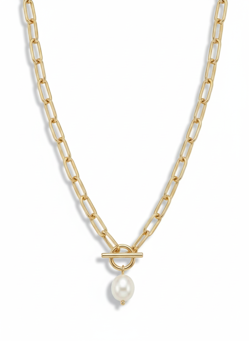 Paperclip Chain with Pearl Clasp Necklace