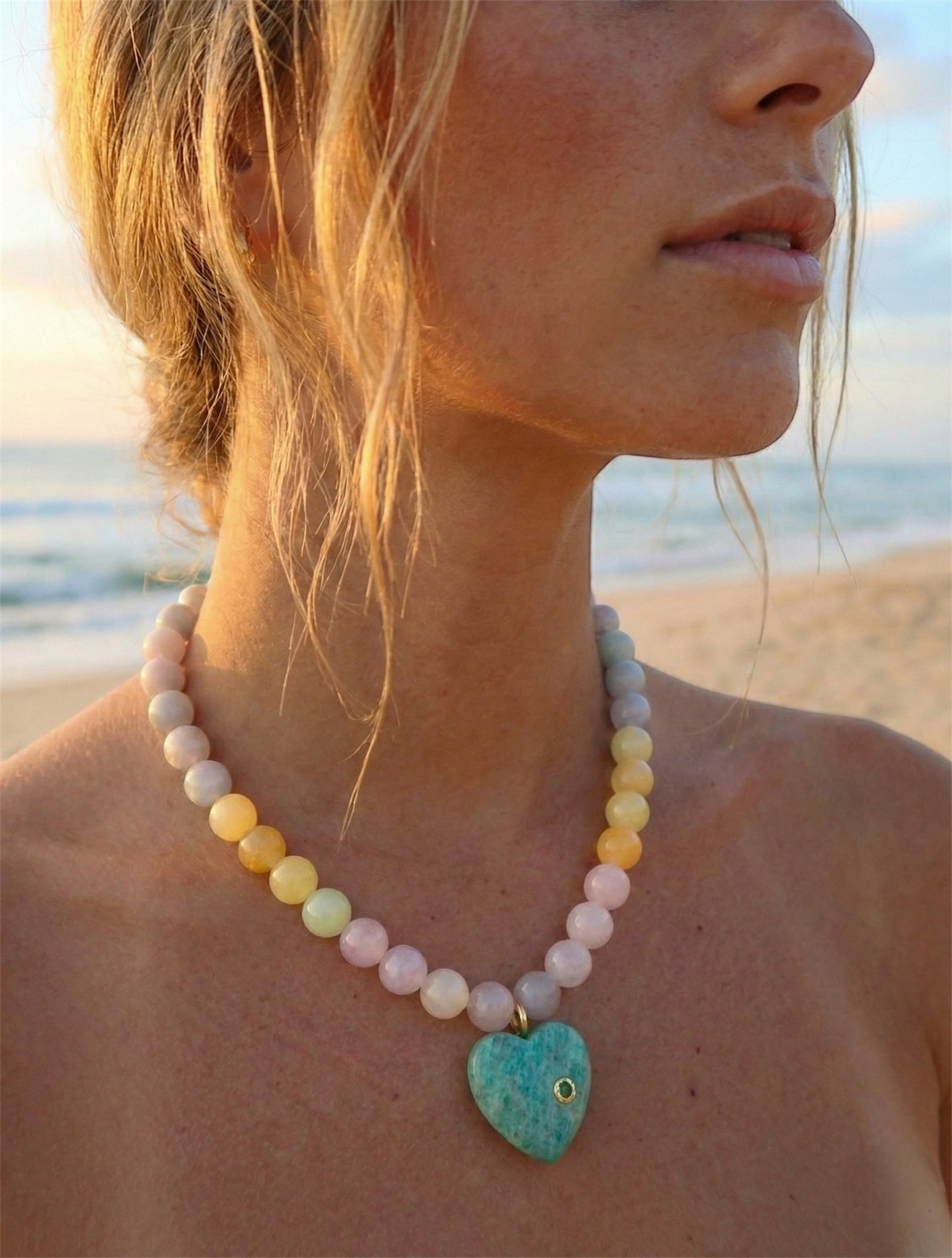 Amazonite Heart and Pink Quartz Beaded Necklace