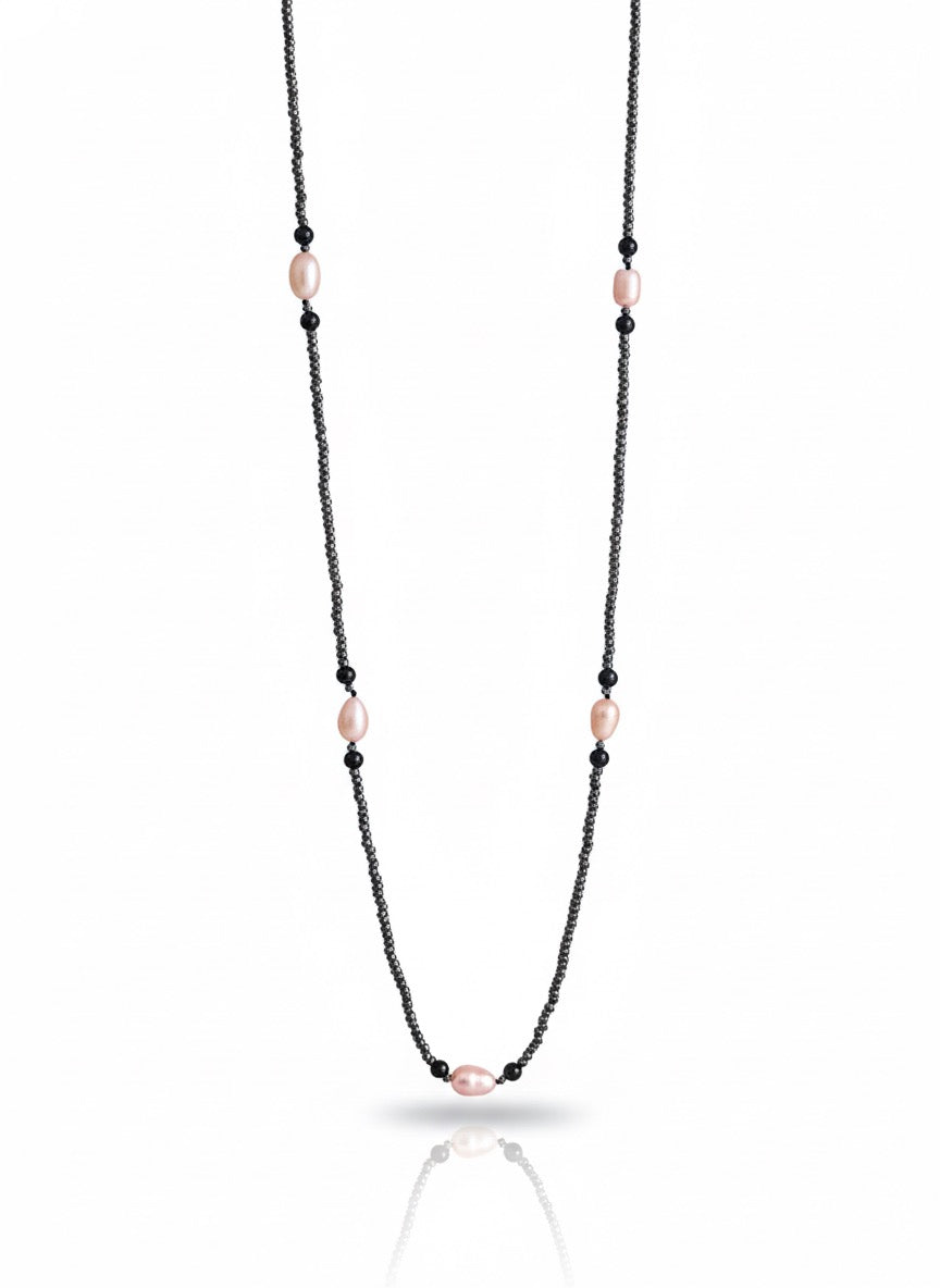 Hematite and Pink Pearl Long Necklace