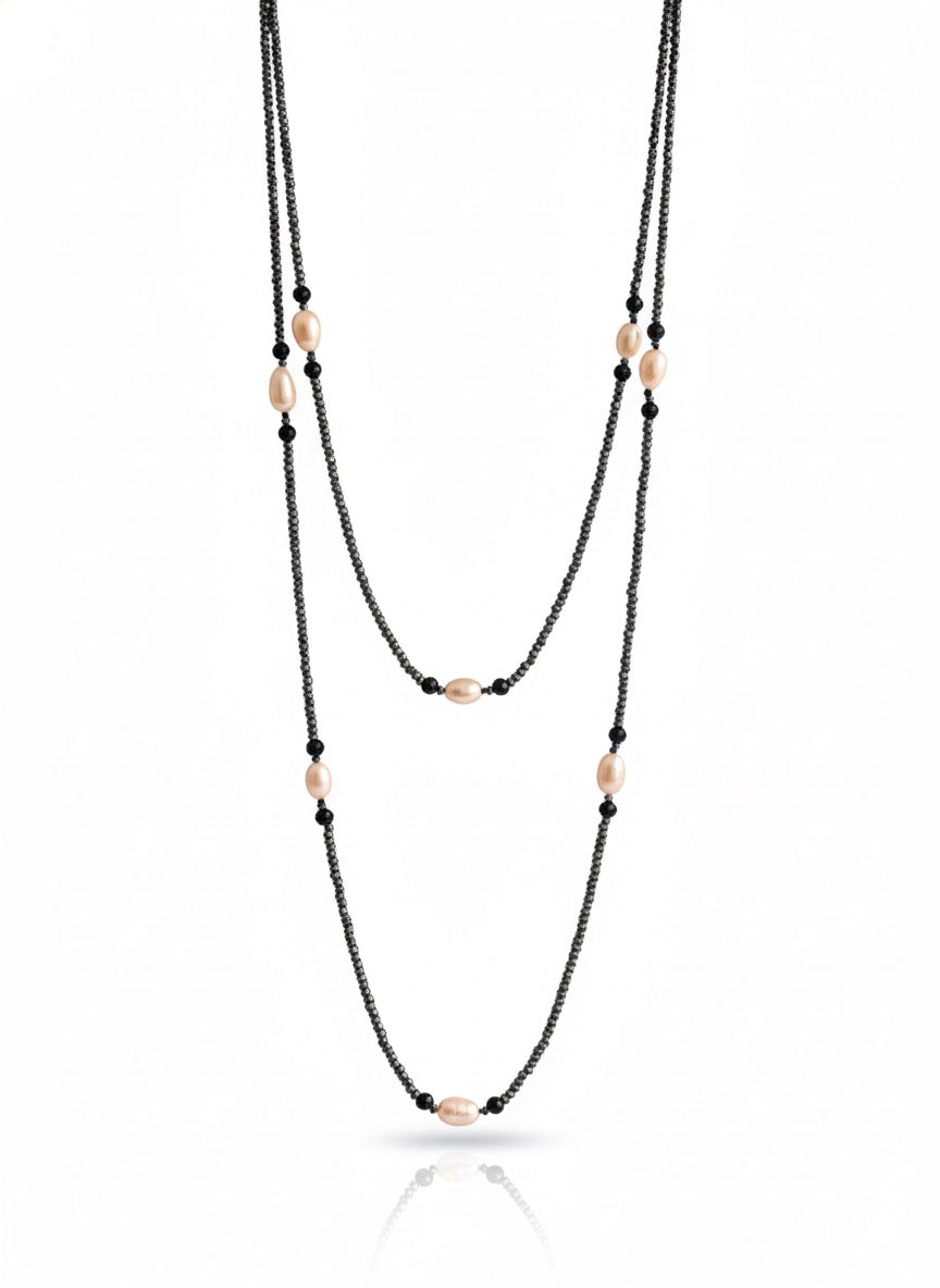 Hematite and Pink Pearl Long Necklace