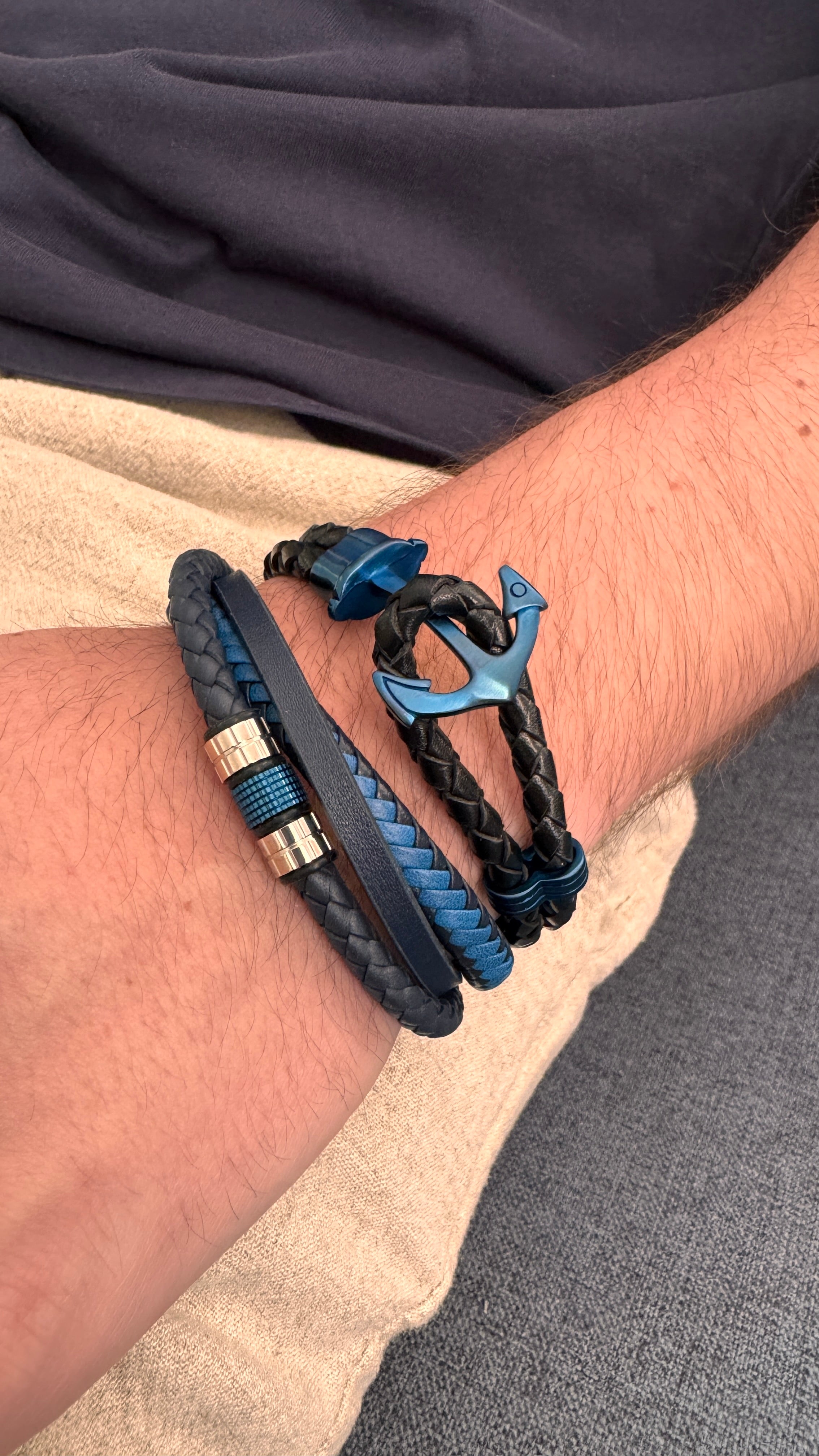 Black Leather with Blue Anchor Bracelet