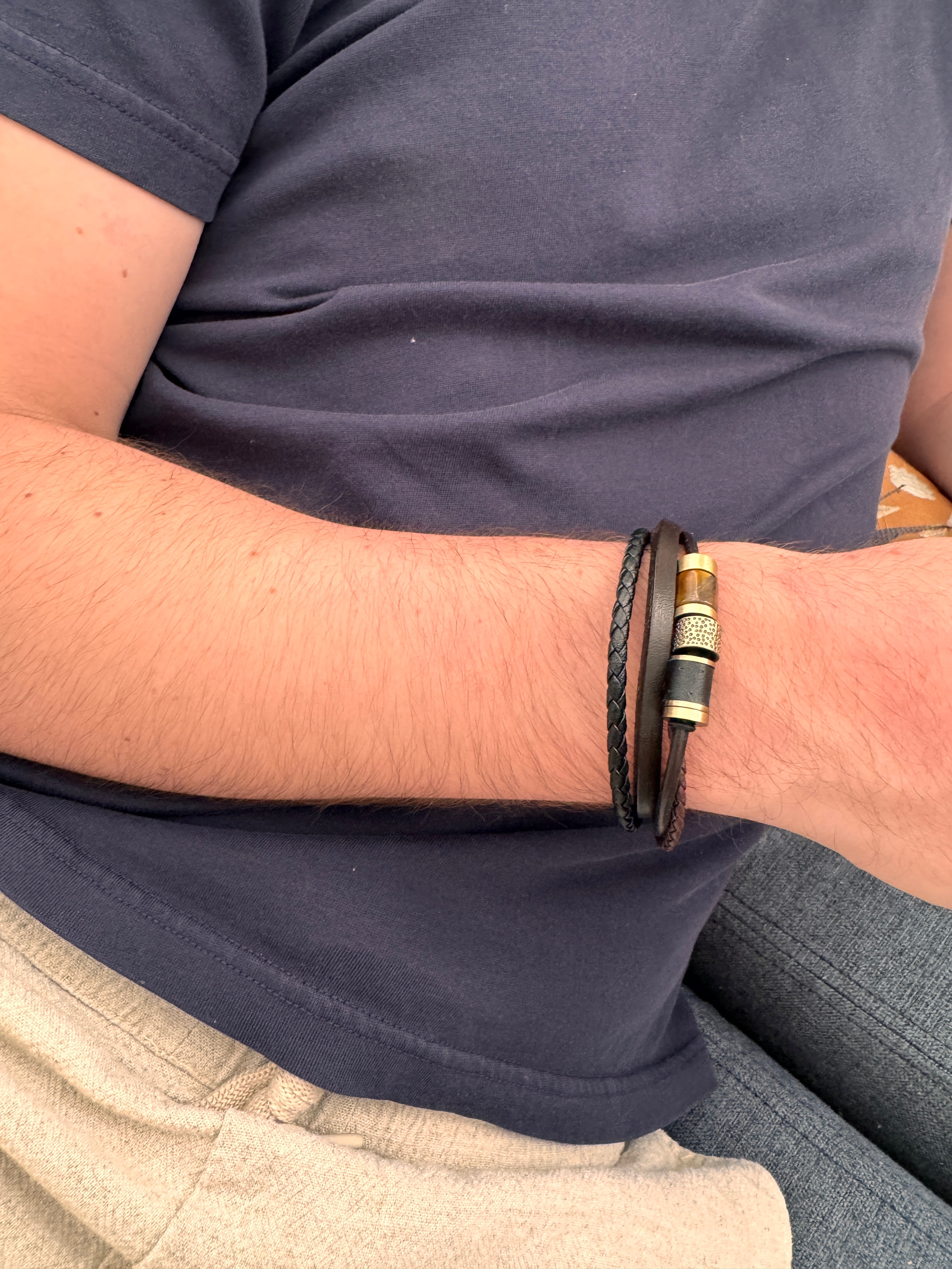 Black & Brown Leather with Tiger's Eye Beads Bracelet