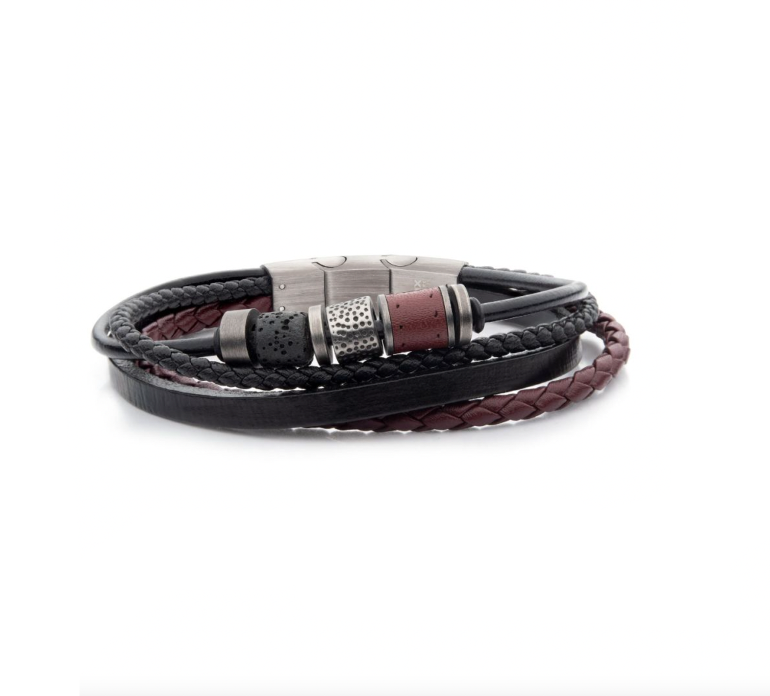 Black & Burgundy Leather with Lava Stone Bracelet