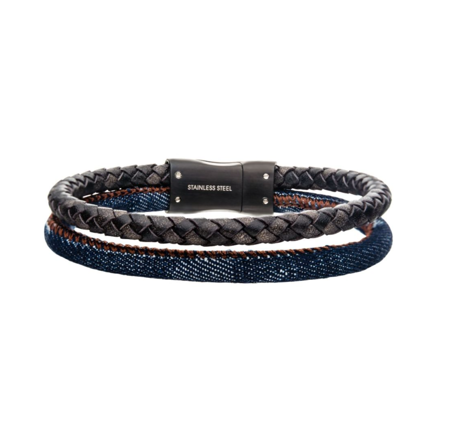 Double Strand Leather and Denim with Stainless Steel Bracelet