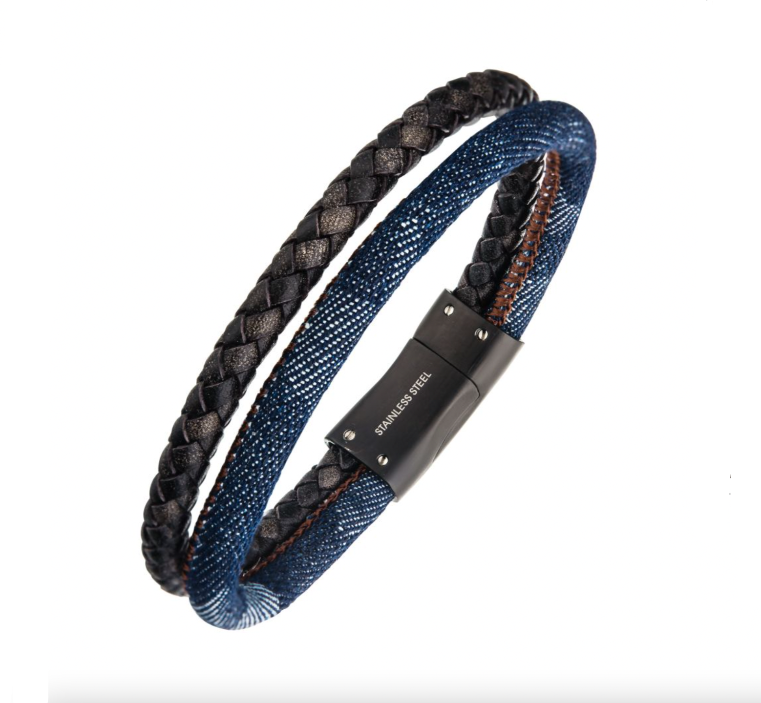 Double Strand Leather and Denim with Stainless Steel Bracelet