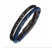 Double Strand Leather and Denim with Stainless Steel Bracelet