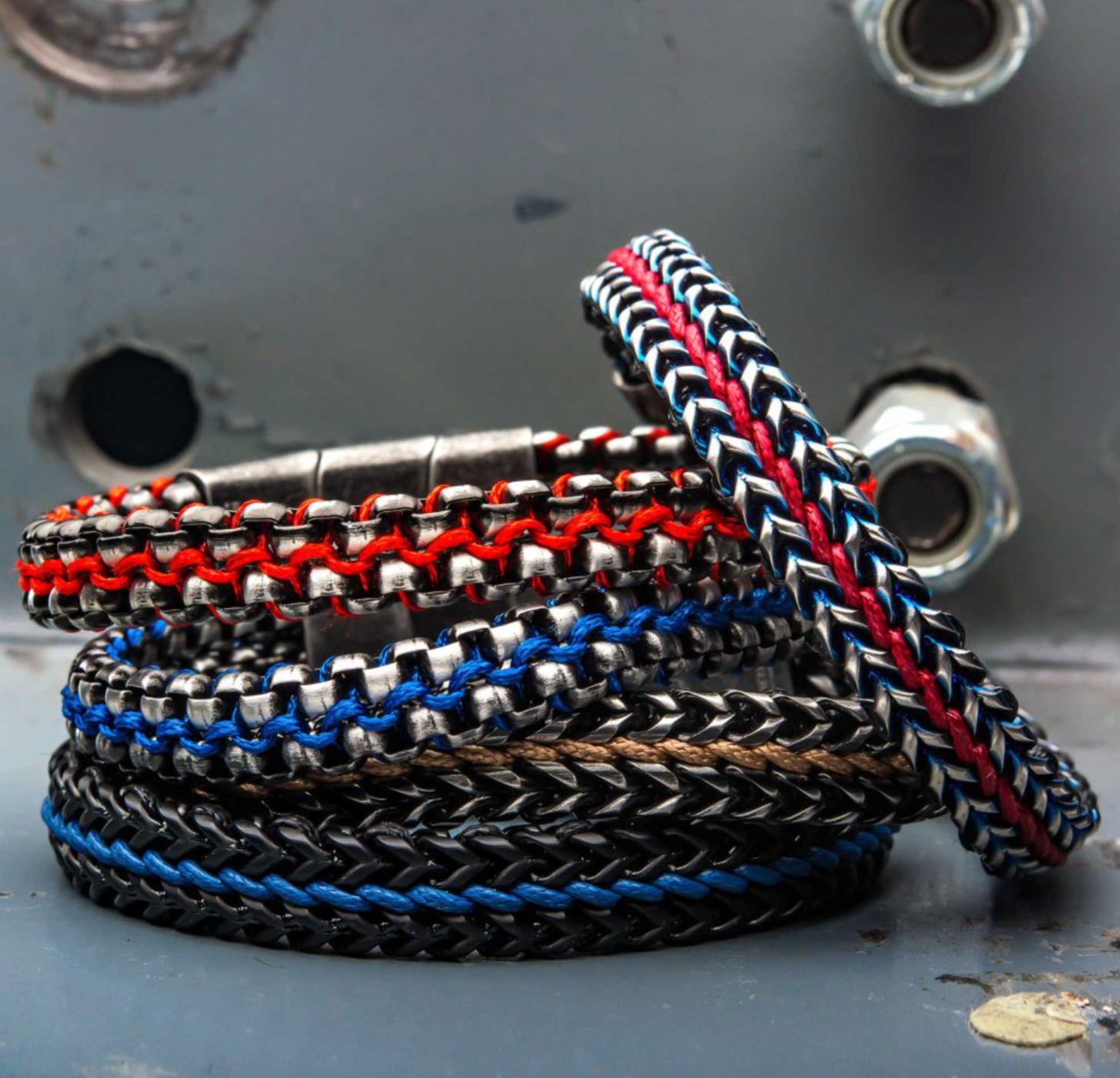 Stainless Steel Foxtail Chain with Wax Cord Bracelet