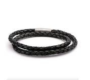 Double Round Black Braided Leather Bracelet