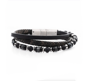 Black and Grey Leather with Black Onyx Multi-Strand Bracelet
