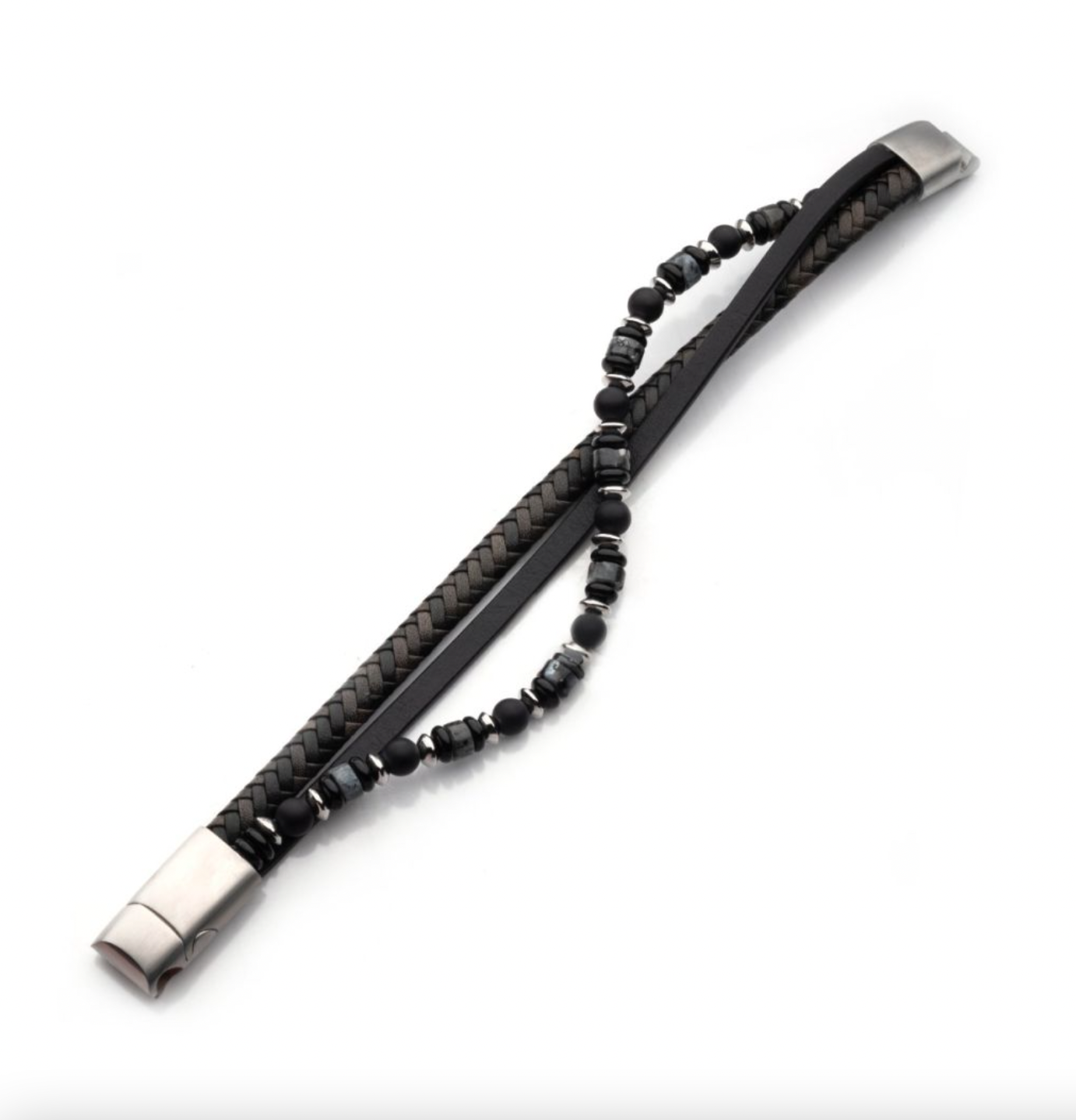 Black and Grey Leather with Black Onyx Multi-Strand Bracelet