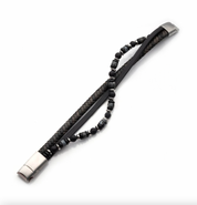 Black and Grey Leather with Black Onyx Multi-Strand Bracelet