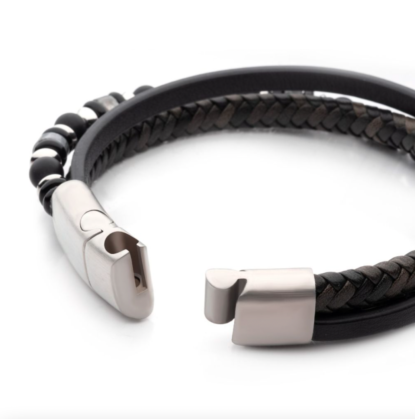 Black and Grey Leather with Black Onyx Multi-Strand Bracelet