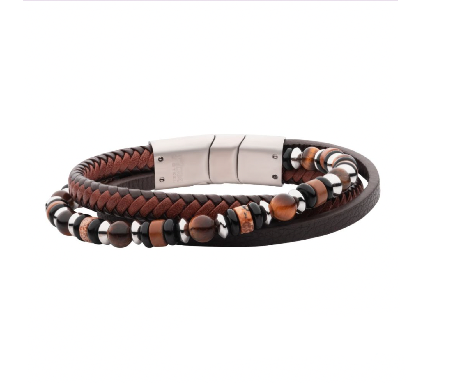 Brown Leather with Black Onyx,Tiger's Eye and Jasper Stone Bracelet
