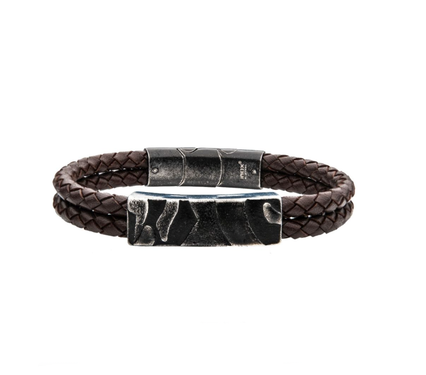 Brown Leather with Gun Metal Pattern Bracelet